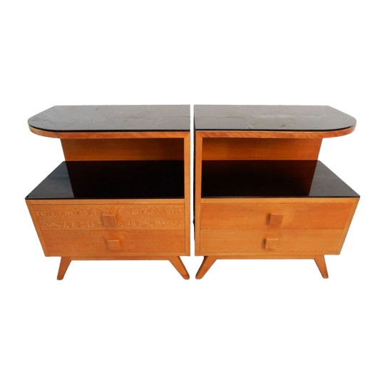 1950s Rosando Furniture Bedroom Ensemble with Dresser, Mirror and Bedsides – Queensland Maple Veneer, Black Glass Tops
