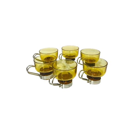 Six amber colored glass demitasse cups with chrome handles and a chrome holder from Italy / Amber Espresso Cups