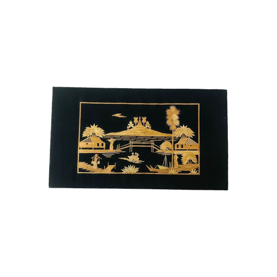 Vintage Straw or Bamboo Art on Black Silk , Asian Oriental Scene, Oriental Wall Decor, Collectibles