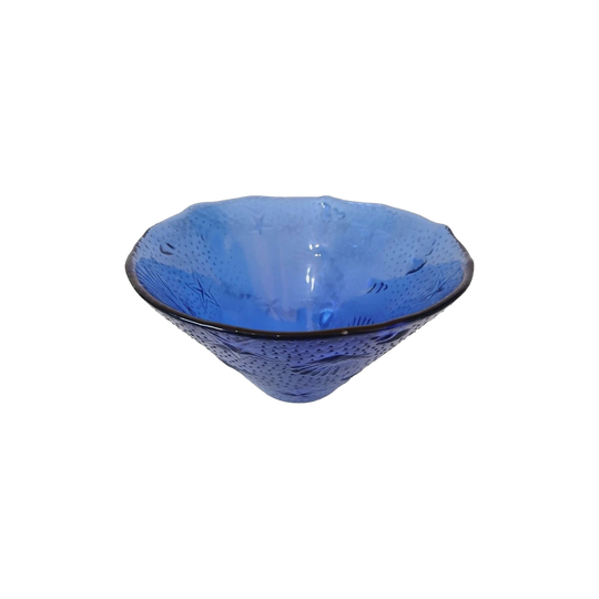 Blue Glass Bowl in Medium Size / Sapphire Blue Decorative Glass Bowl with embossed Seashell and Starfish