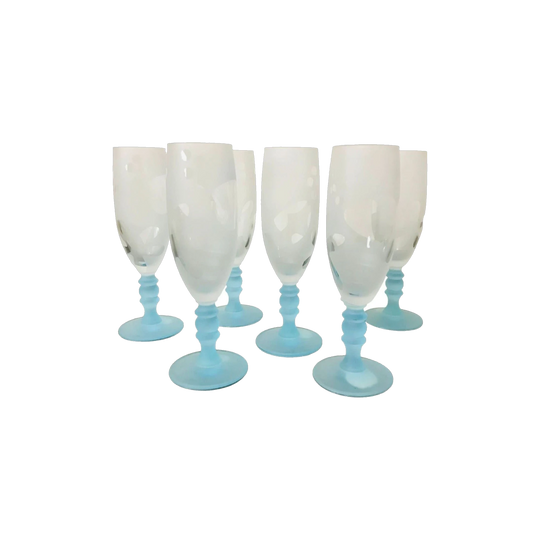 Frosted Glass Champagne Flutes by Christopher Vine Design / Vintage / Set of 6 | Vintage Blue and White frosted Glass Champagne Flutes