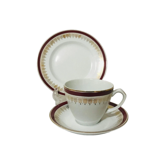 Alfred Meakin Trio Set / Go-white Ironstone Chintz pattern Trios with burgundy and gold patterned trim