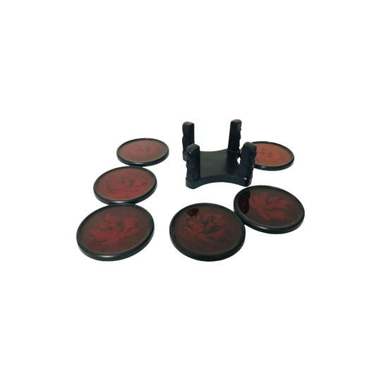 Vintage Maple Leaf Drink Coasters Canada Set of Six in a Black Holder