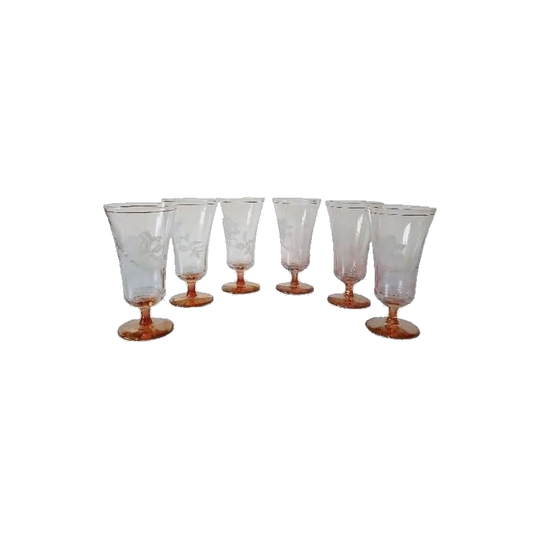 Set of 6 Parfait pink tulip glasses with white rose pattern from Crown Crystal Co