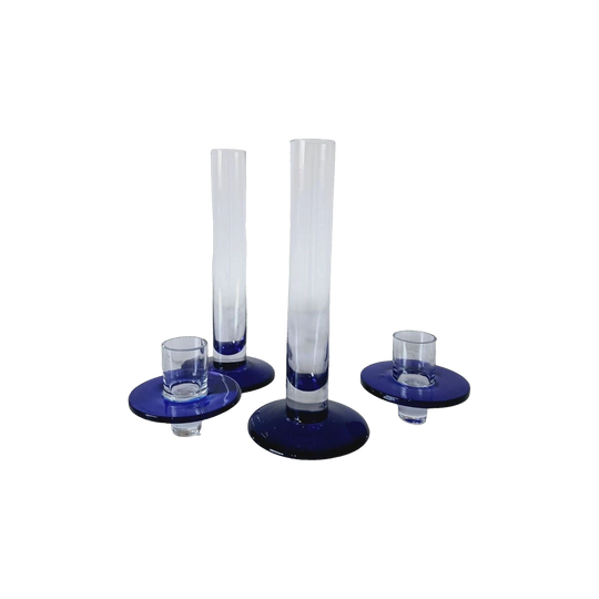 MCM Cobalt blue Base Clear Candle Stick Holder or single stem vase in Pair