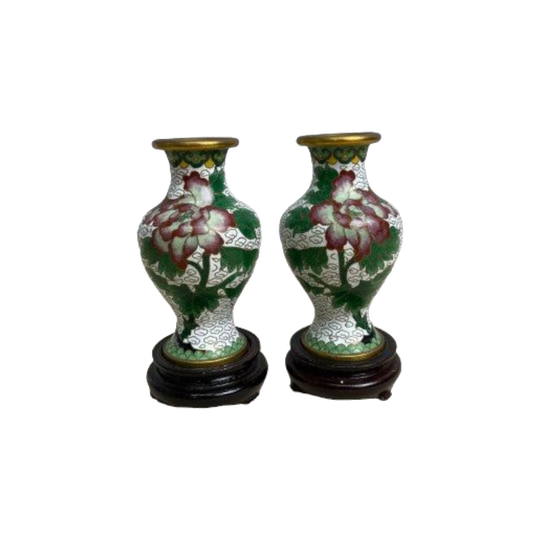 Pair of Small Cloisonné Vases on Wooden Stands – White Ground with Floral Motifs