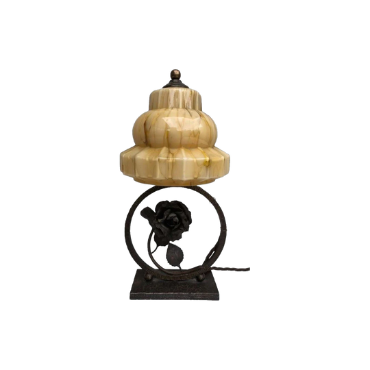 1930s French Deco Iron Ring Lamp with Rose Decoration and Original Moulded Yellow/Brown Glass Shade