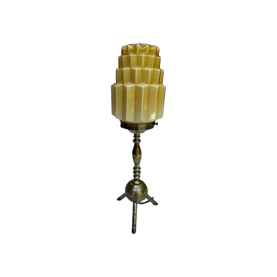 1930s French Art Deco Solid Brass Column Lamp with Tripod Base and Original Cream/Yellow Glass Skyscraper Shade