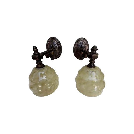 Deco Solid Brass Wall Lights, Pair, with Original Moulded Cream Glass Shades
