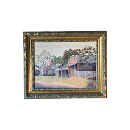 Australiana School Vintage Street Scene Painting on Board, Gold Frame, 53 x 43 cm