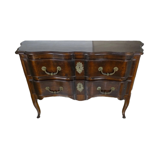 Antique French Two-Drawer Commode Chest with Bronze Mounts and Sun King Bronze Head Decoration