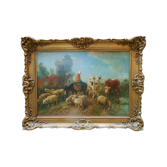 Antique Belgian Farmyard Oil Painting by Paul Henry Schouten (1864–1927), Signed, Cattle and Sheep, Gilt Frame