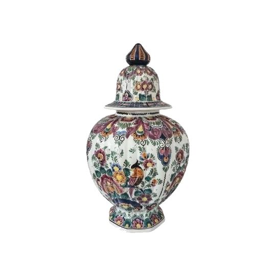 Large Mid-Century Dutch Delft Polychrome Hand-Painted Lidded Pot in Pastel Colourway with Striped Finial