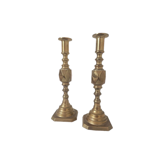 Antique Brass Diamond Candlestick Pair, 25 cm H