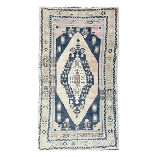 Vintage Wool Geometric Tribal Rug ‘Billie’, 164 x 287 cm, Navy with Muted Pastels