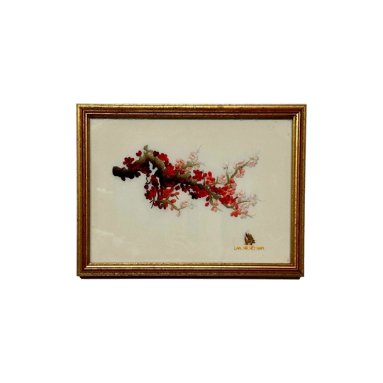 Vintage Vietnamese Red Blossom Embroidery in Gold Frame, 30 x 22.5 cm