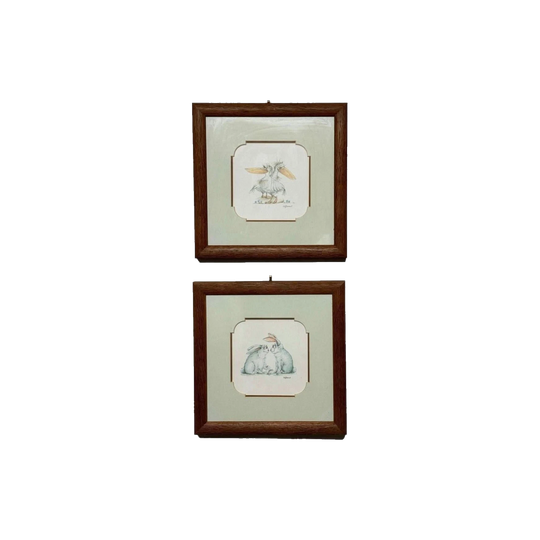 Vintage Pair of Timber-Framed Nursery Prints by Judy Rossouw – Pelicans and Rabbits