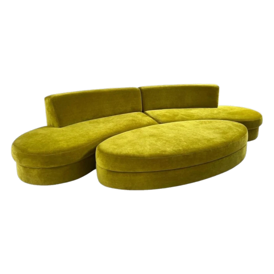 Custom Order – Bespoke Curved Modular Sofa in Chartreuse Velvet and 1970s Simmons Modular Sofa in Coral Velvet (Set of Two)