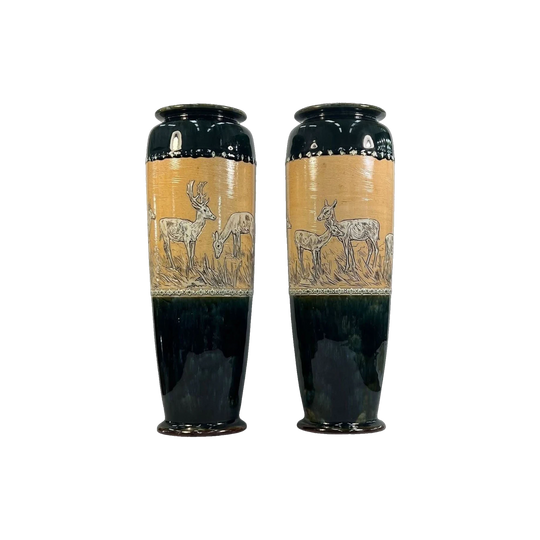 Pair of Royal Doulton Stoneware Vases, Incised with Deer, c.1900