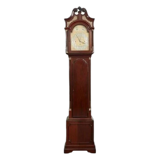 19th-Century Mahogany Longcase Clock by Russels, Manchester, c.1880 – Silver Dial, Engraved Brass Fretwork, 8 Tubes