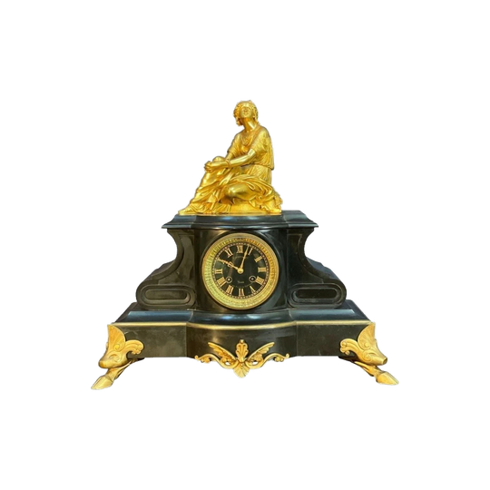 19th-Century French Bronze and Marble Clock with Huntress Figure, c. 1880, Marked 'Bernoux Bte Paris'