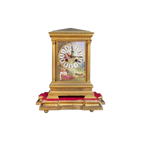 19th-Century French Gilt Mantel Clock with Hand-Painted Scenes, c. 1870