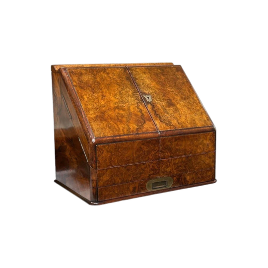Antique Burr Walnut Stationery Box with In-Built Calendar and Drawer, c.1870