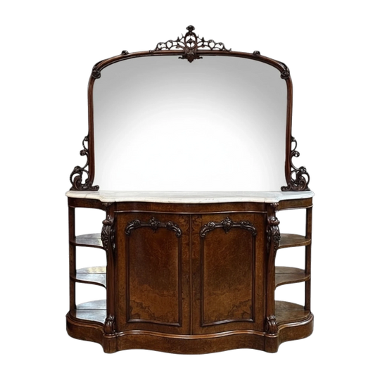 Victorian Burr Walnut Serpentine Credenza with White Marble Top and Mirrored Back, c.1860