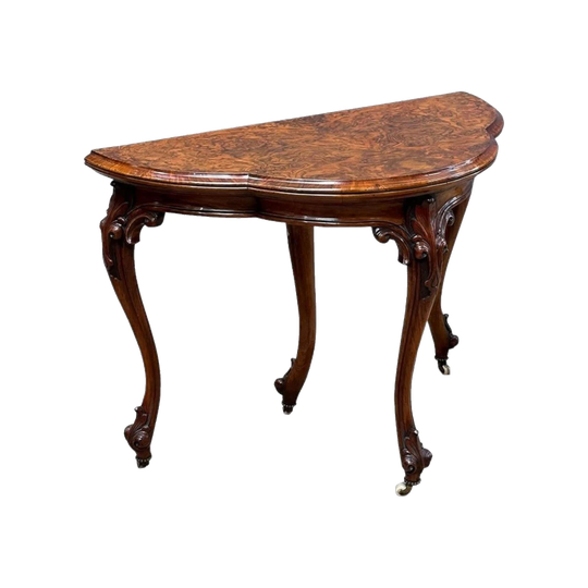 Victorian Burr Walnut Fold-Over Card Table with Green Felt, Hidden Drawer and Pull-Out Rear Support, c.1870