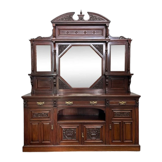 Victorian Mahogany 4-Door Sideboard with Hexagonal Mirror Back, c.1890