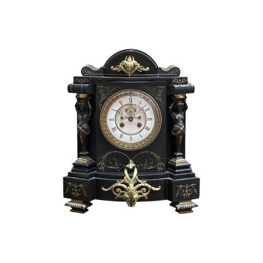 French Marble Mantel Clock with Bronze Figural Supports and Open Escapement, c. 1870