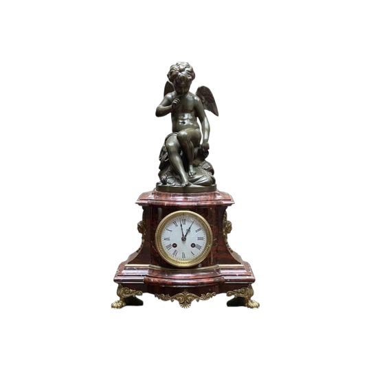 French Mantel Clock by J. Mart, c. 1880 – Bronze Cupid Figure on Rouge Marble with Enamelled Dial