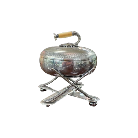 Fenton Bros. Silver-Plated Biscuit Box in the Form of a Curling Stone with Bone Handle, Victorian c.1875