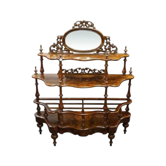 Victorian Burr Walnut Serpentine Three-Tier Whatnot, c.1870