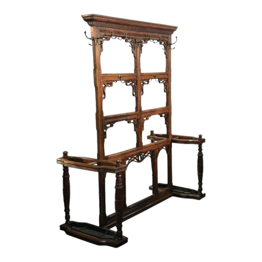 Rare 19th-Century English Oak Double-Sided Free-Standing Hall Stand, c.1870, with Brass Hooks and Umbrella Stands