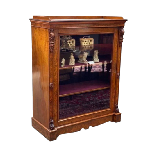 19th-Century English Burr Walnut Single-Door Display Cabinet with Tunbridge Ware Inlay and Burgundy Lined Shelves, c. 1870