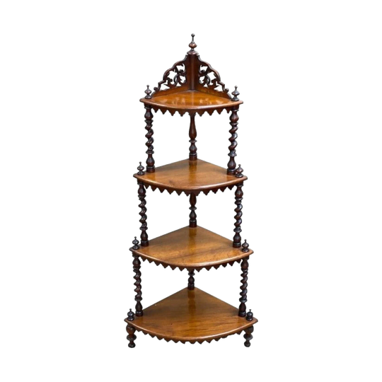 Victorian Four-Tier Bow-Front Walnut Corner Whatnot, c. 1870