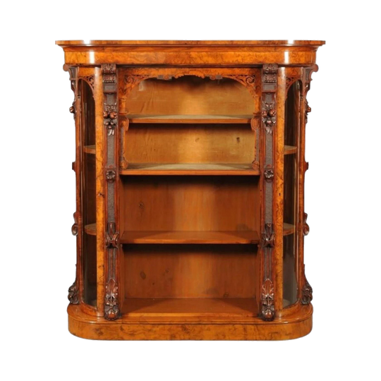 Victorian Burr Walnut Three-Door Display Cabinet with Drop-Down Central Glass Door and Curved Glass Doors, c.1870