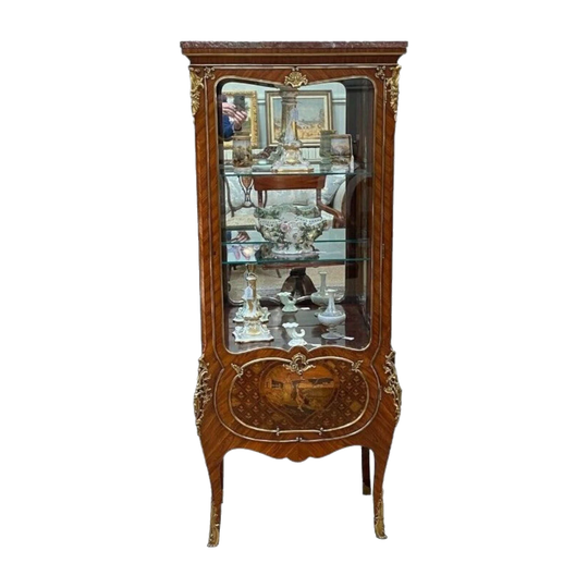 French Kingwood Single-Door Vitrine with Marquetry, Marble Top and Gilt Bronze Mounts, c.1880