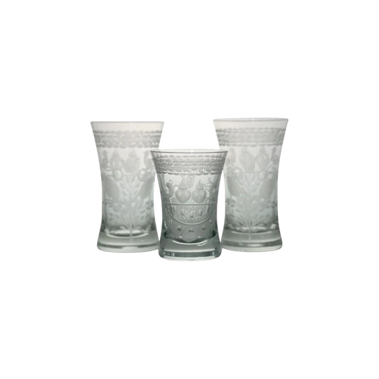 Set of Three 20th-Century Czech-Bohemian Style Clear Etched Glasses