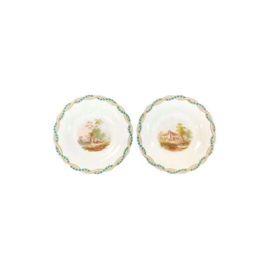 Pair of Hand-Painted Minton Plates with Country Landscape Scenes, c.1860