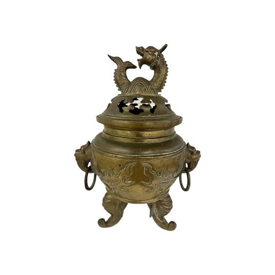Antique Japanese Meiji Brass Koro (Incense Burner), Dragon Finial, Dragon & Sun Motifs, Elephant Tripod Legs, c. 1800s, Japan
