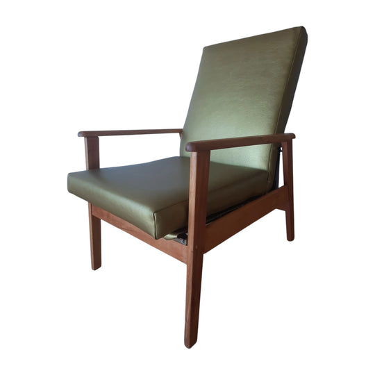 Mid century lounge chair recliner newly reupholstered in golden cactus leather