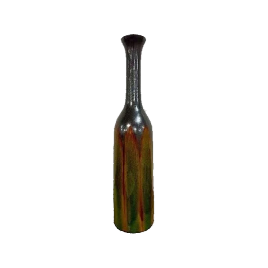 Large Studio Pottery Bottle Vase in Green and Black Drip Glaze