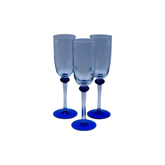 Champagne Flutes with blue foot. set of 3