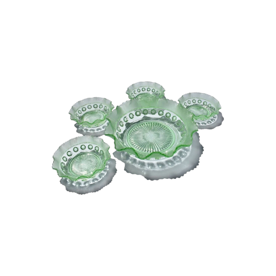 Art Deco - Davidson #269 - Green Glass 'Blackberry Prunt' Bowl Set.