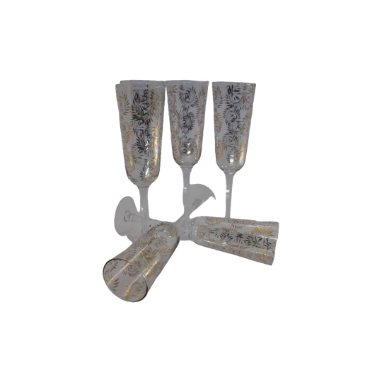 Long stemmed Champagne Flutes. Gold printed leaf design. Party glassware. Special Occasion Glassware. Set of 6