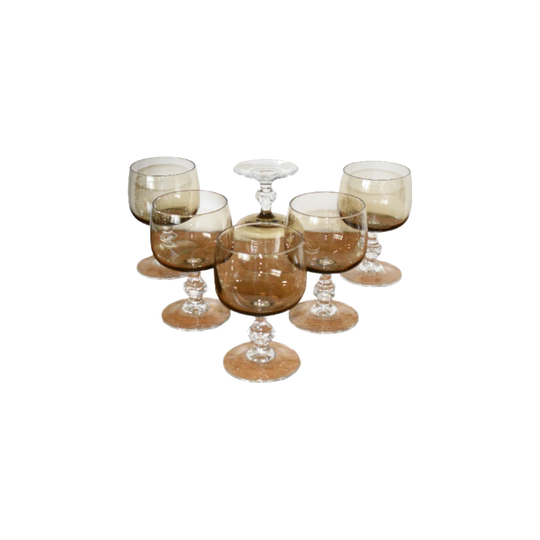 French Vintage Luminarc smoked grey/brown glass wine glasses - Faceted Stem. Set of 6
