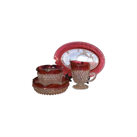 Indiana Glass Diamond Point Ruby Band Collection Sauce/Mayo Set MCM