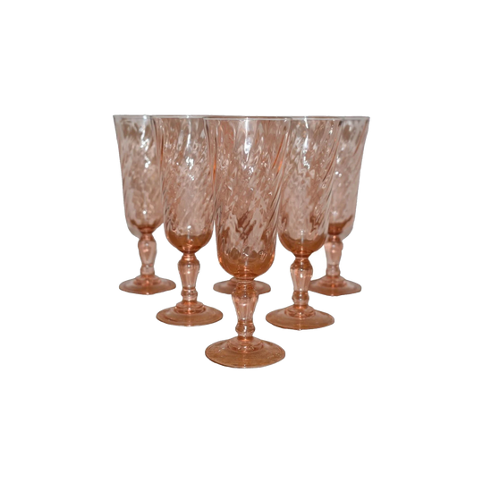 Set of 4 French Vintage Pink Swirl Champagne Flutes / Rosaline Pink Swirl / Pink Glasses